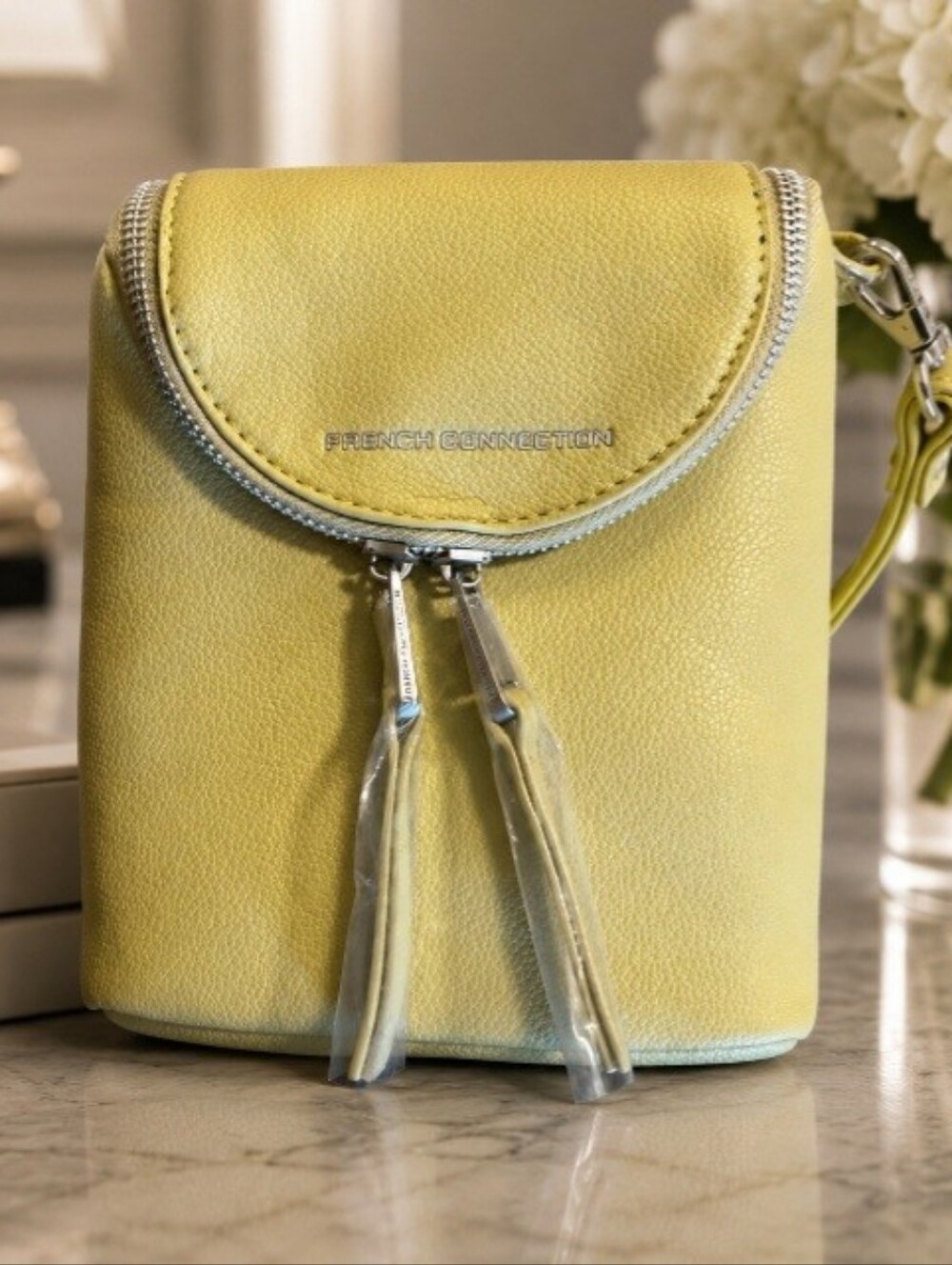 French Connection Yellow Crossbody Bag with Curved Flap NWT Elegant Quiet Luxury